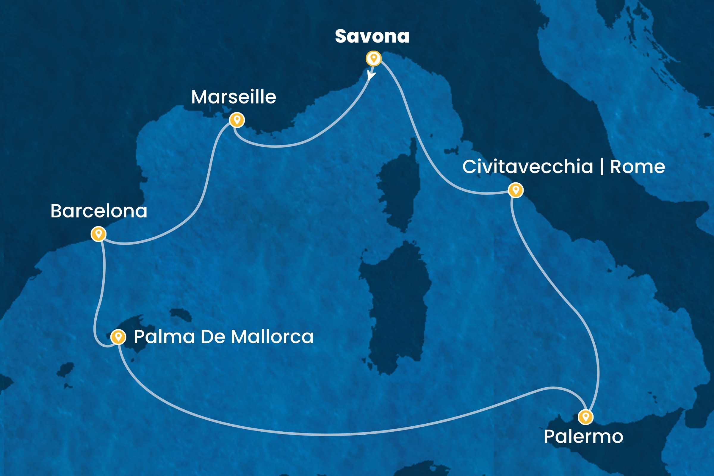 Costa Toscana – originalna mapa rute preko Majorke: Savona, Marsej, Barselona, Palma de Majorka, Palermo i Rim